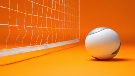 A close-up view of a volleyball resting beside a net, set against a vibrant orange background, ideal for highlighting sports, fitness, and leisure themes.の素材
