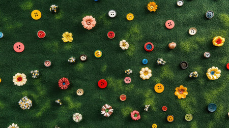 A vibrant arrangement of colorful flowers and buttons scattered on a green background, perfect for inspiring creative art projects and DIY crafts.の素材