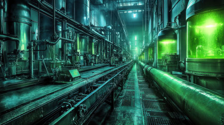 Explore an industrial factory interior showcasing green illuminated tanks amid complex pipe infrastructure, revealing a mesmerizing atmosphere of technology and production.の素材
