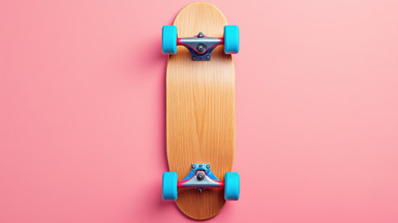 This image showcases a vibrant wooden skateboard with striking blue wheels, positioned against a soft pink background. Ideal for sports, lifestyle, and recreation themes.の素材