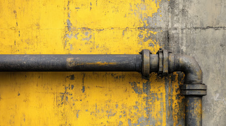 A close-up view of a weathered industrial pipe connected to a grunge yellow wall, showcasing unique textures and an urban design. Ideal for industrial or construction themes.の素材