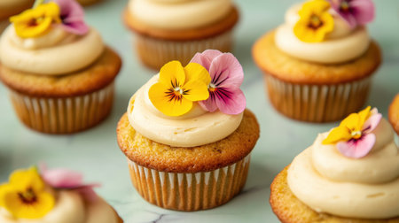 Indulge in these delightful vanilla cupcakes topped with creamy frosting and vibrant edible flowers, perfect for any celebration or dessert table.の素材
