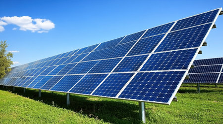 A stunning view of solar panels lined up in a vast green field, reflecting sunlight under a blue sky, showcasing renewable energy technology at its best.の素材