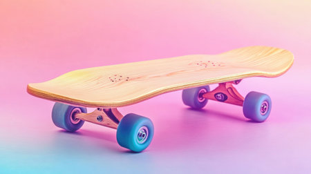 A modern wooden skateboard with soft wheels sits against a pastel pink and blue gradient background, highlighting design and lifestyle elements.の素材