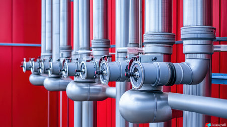Detailed image of a modern industrial pipe system featuring valves and tubing against striking red walls, emphasizing technology and engineering design for manufacturing settings.の素材