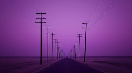 An enchanting landscape showcasing a long road lined with telephone poles under a vivid purple sky. This surreal image evokes feelings of isolation and tranquility, perfect for conveying a sense of distance and adventure.の素材