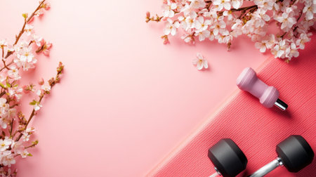 A visually appealing arrangement of fitness equipment against a soft pink backdrop adorned with cherry blossoms, symbolizing health and vitality.の素材