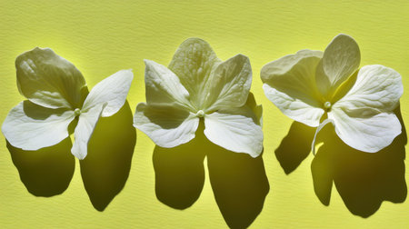 Beautifully arranged white flower petals against a striking yellow background, showcasing delicate textures and shadows, perfect for nature-themed projects.の素材