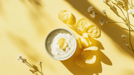 A vibrant still life featuring a bowl of fresh sour cream dip alongside crunchy potato chips, beautifully arranged on a bright yellow backdrop with delicate flowers, perfect for snack lovers.の素材