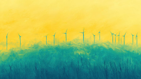 A beautiful abstract representation of wind turbines amidst a vibrant yellow sky, symbolizing renewable energy and sustainability in a tranquil setting.の素材