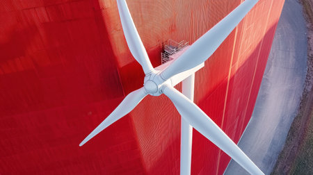 A captivating aerial view showcasing a wind turbine positioned beside a vibrant red building. This image highlights renewable energy and modern technology in harmony with the environment.の素材