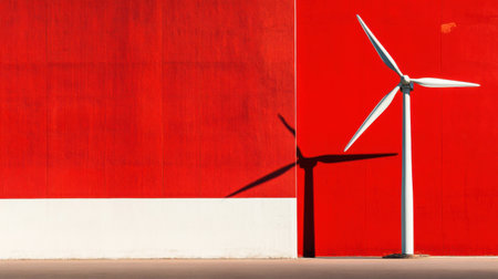 A striking wind turbine stands against a vivid red wall, casting a defined shadow. This image captures the intersection of technology and art in renewable energy.の素材