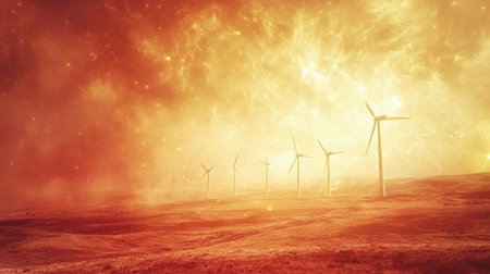 A captivating scene featuring wind turbines scattered across a vast landscape under a fiery sunset. The dramatic sky enhances the beauty of renewable energy in nature.の素材