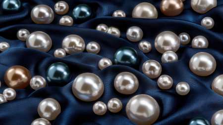 An exquisite collection of pearls of varying sizes scattered across plush dark blue satin. This composition showcases the elegance and beauty of these luxurious beads.の素材