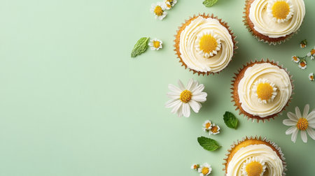 A visually appealing arrangement of vanilla cupcakes topped with creamy frosting and adorned with edible flowers and mint leaves on a soft green background.の素材