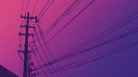 A striking silhouette of electric power lines against a vibrant purple and pink gradient sky, perfect for abstract backgrounds and modern designs.の素材