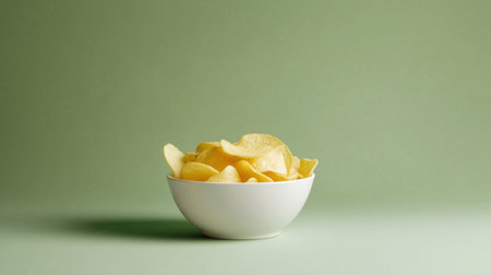A visually appealing image of crispy potato chips presented in a white bowl against a soft green background, perfect for snack promotion.の素材