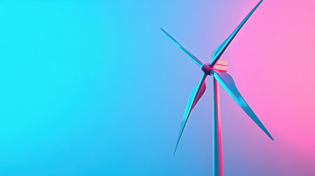 A stunning wind turbine stands against a vivid gradient background of pink and blue, symbolizing innovation in renewable energy and sustainability efforts.の素材