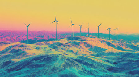 An artistic portrayal of wind turbines standing tall on rolling hills, bathed in vibrant sunset hues, representing clean energy and sustainable technology in nature.の素材