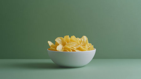 A bowl filled with golden, crispy potato chips sits on a minimalist green background, perfect for showcasing snacks or culinary creativity.の素材