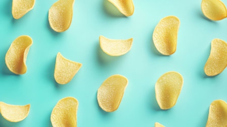 A visually appealing flat lay of crispy potato chips scattered against a turquoise background, showcasing a vibrant and minimalistic snack composition.の素材
