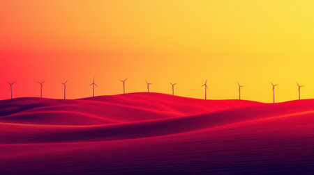 Captivating sunset over a series of wind turbines on rolling hills creates a striking landscape filled with vibrant colors and serene energy.の素材