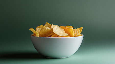 A white bowl filled with crispy potato chips sits against a soft green background. This image captures the allure of a snack favorite, perfect for marketing culinary delights.の素材