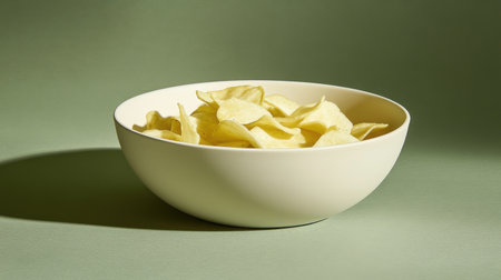 A minimalist image featuring a bowl filled with crispy potato chips against a soft green background, ideal for snack photography or food styling purposes.の素材
