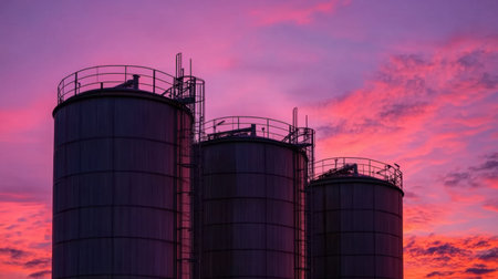 A group of three silhouetted storage silos stands majestically against a stunning pink and purple sky at sunset, creating a serene rural landscape.の素材