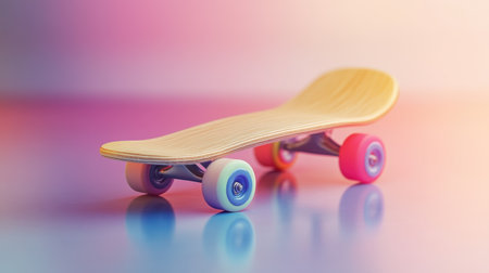 A vibrant mini skateboard rests on a glossy surface, showcasing a playful design with colorful wheels and a wooden deck. The soft gradient background enhances its charm.の素材