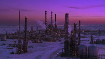 A captivating view of an industrial oil refinery during sunset, showcasing towering structures and smoke emissions against a vibrant sky in a cold environment.の素材