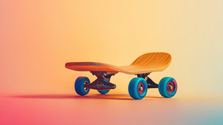 A beautifully crafted wooden skateboard featuring vibrant wheels placed on a smooth gradient background, capturing the essence of youth and adventure in action sports.の素材