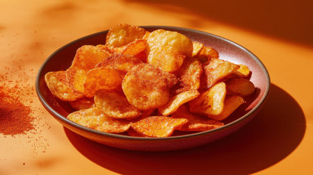 A vibrant and appetizing image of crispy potato chips dusted with spicy seasoning, presented on a decorative plate against an orange backdrop. Perfect for snack lovers!の素材