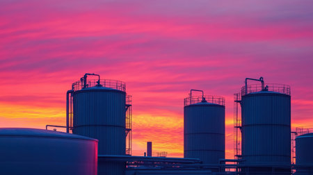 A striking industrial scene featuring silos silhouetted against a brilliant sunset sky. The vivid colors create a dramatic atmosphere ideal for various uses.の素材
