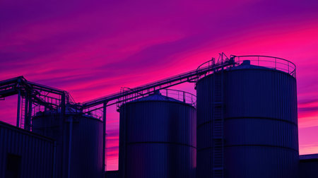 This stunning image captures industrial silos silhouetted against a vibrant purple sunset, showcasing a dramatic sky filled with clouds, evoking a sense of urban beauty and industrial strength.の素材