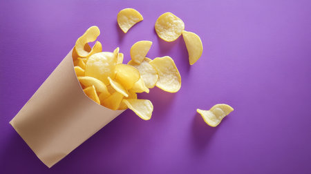 Delight in a vibrant photo of crispy potato chips spilling from a paper container, set against a striking purple background, inviting snack lovers everywhere.の素材