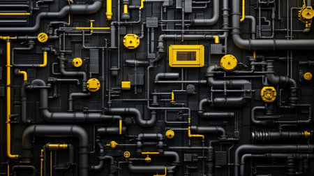This image features an intricate arrangement of black and yellow pipes and valves, creating a visually striking industrial design. Ideal for concepts related to engineering or technology.の素材