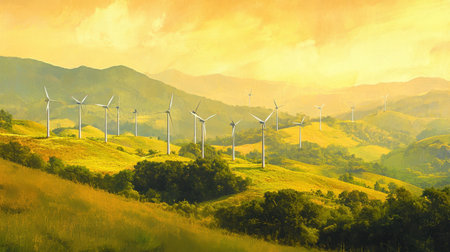 This captivating image showcases wind turbines set against rolling hills under a soft golden sky at sunrise, highlighting the beauty of renewable energy.の素材