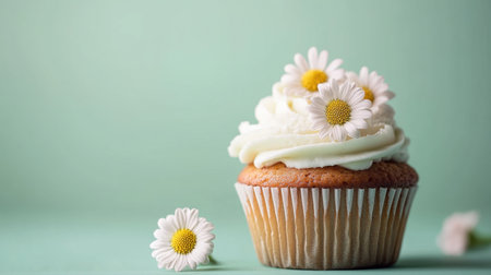 A beautifully styled vanilla cupcake, featuring rich frosting and adorned with delicate daisies, presents an inviting dessert option in a soft green setting.の素材