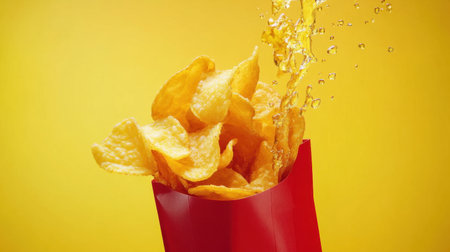 Bright and colorful image of crispy potato chips in a red bag, with a splash of refreshing drink, set against a vibrant yellow background.の素材