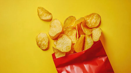 A vibrant image showcasing crunchy potato chips spilling from a red bag against a bright yellow background, perfect for snack and food presentations.の素材