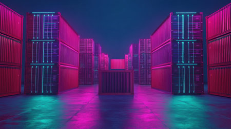 A captivating image of a futuristic warehouse filled with brightly lit shipping containers. Neon lights create a vibrant, dynamic atmosphere.の素材