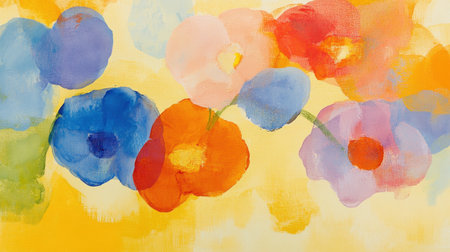 This stunning abstract artwork captures vibrant floral forms with soft brush strokes against a bright yellow background, evoking joy and creativity.の素材