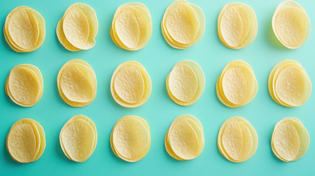 A visually appealing arrangement of crispy potato chips in a vibrant yellow hue set against a soothing turquoise background, perfect for snack food marketing.の素材
