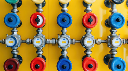 Close-up view of colorful pipe valves and water meters displayed on a bright yellow industrial wall, showcasing precision and functionality in plumbing systems.の素材