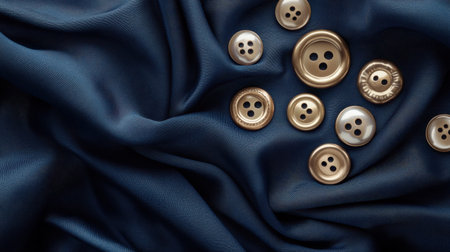 A stunning close-up of gold buttons scattered gracefully on soft navy fabric, showcasing intricate designs and textures ideal for any fashion or sewing project.の素材