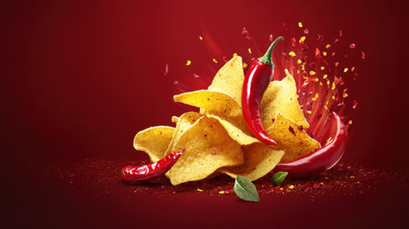 This dynamic image showcases crispy tortilla chips accompanied by spicy red chili peppers, beautifully displayed on a vibrant red background, perfect for food-related themes.の素材