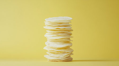 A visually appealing stack of crispy potato chips displayed against a bright yellow background, perfect for food photography or snack related content.の素材