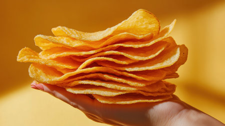 A vibrant hand holding a stack of freshly fried potato chips against a bright yellow background, showcasing texture and color, perfect for snack lovers.の素材