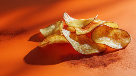 A close-up shot of crispy potato chips seasoned with spices, beautifully arranged on a vibrant orange background, highlighting texture and flavor.の素材